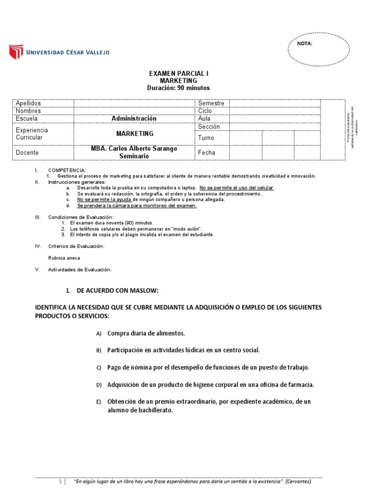 Examen Parcial de Marketing 2023 | PDF