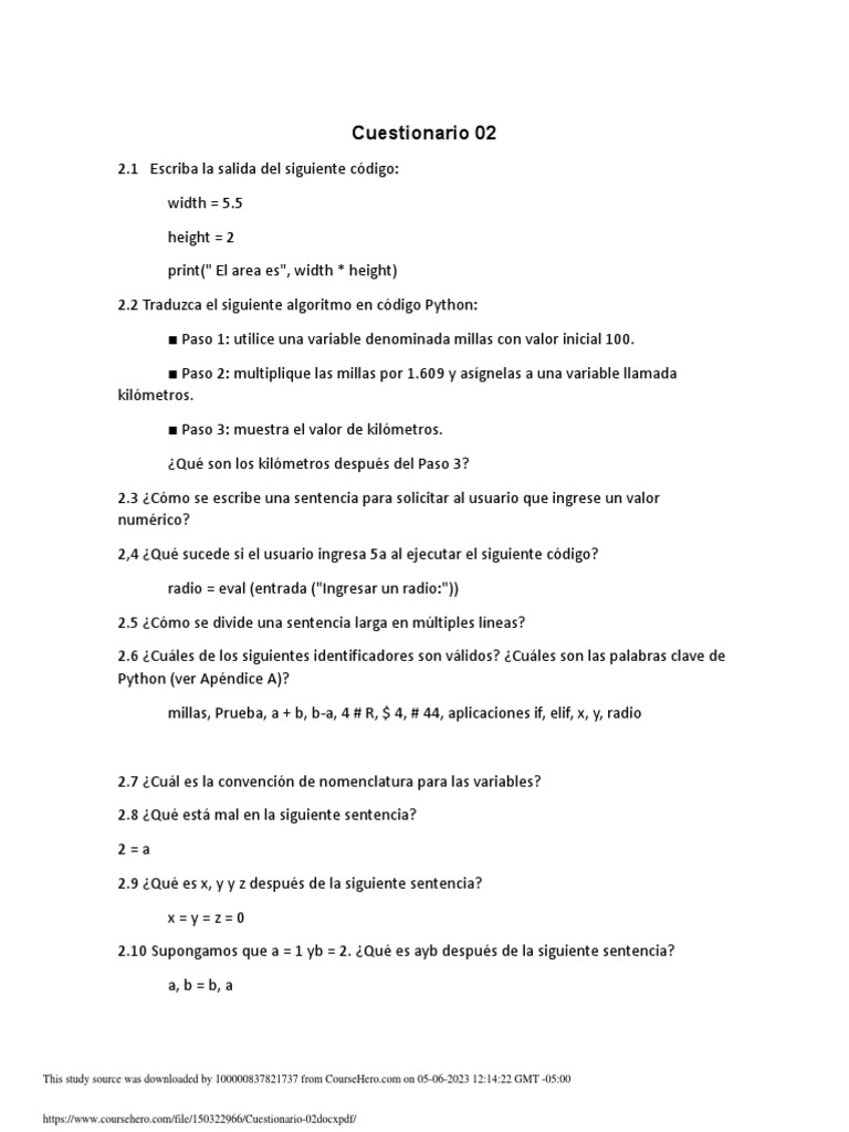 Cuestionario 02 PDF | PDF | Python (lenguaje de programación) | Informática