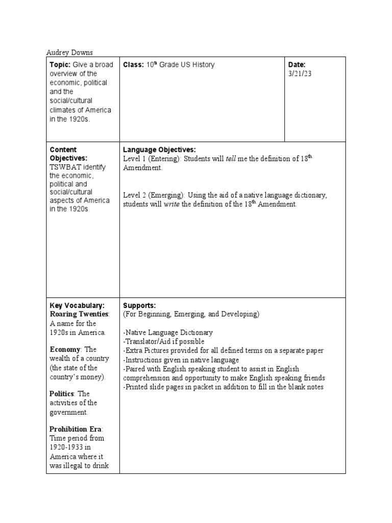 Siop Template Completed and Adapted PDF The United States English