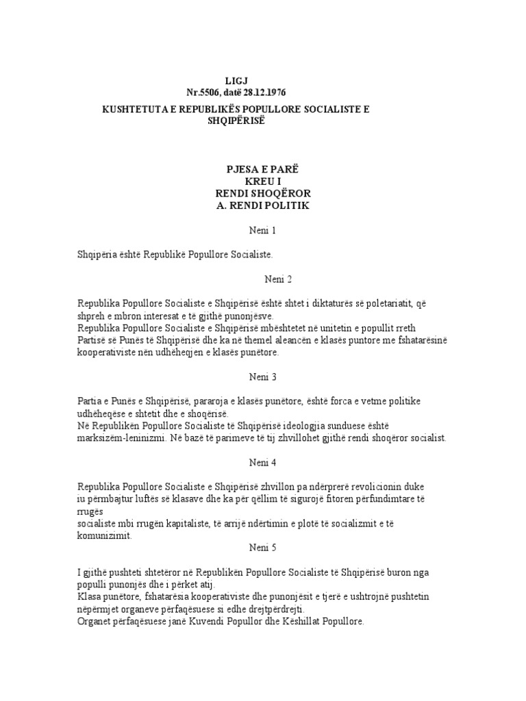Kushtetuta E Republikes Socialiste Te Shqiperise 1976 Pdf Pdf
