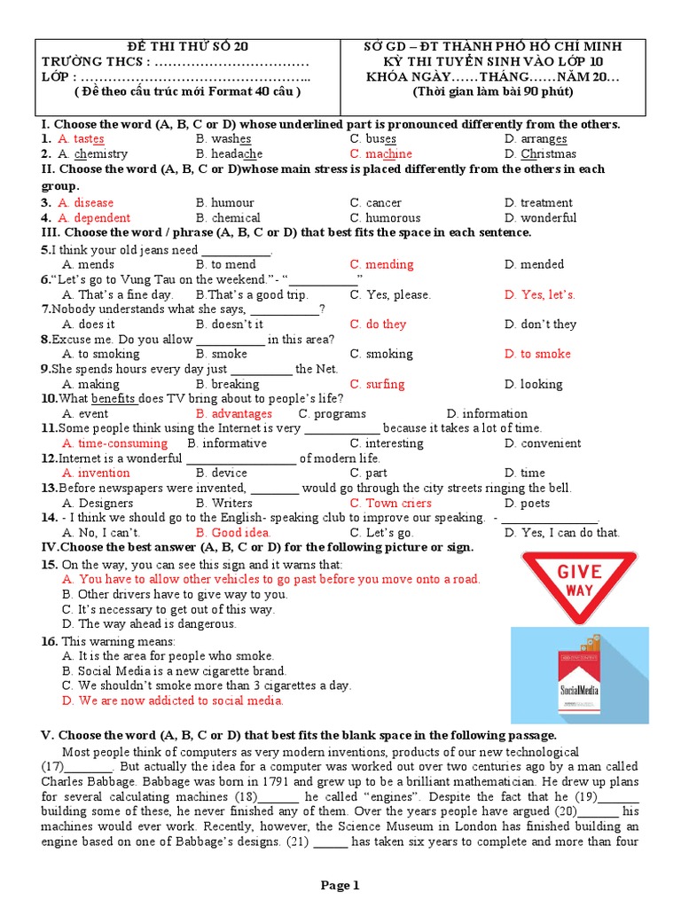 Practice Test 20 for Grade 10 Exam | PDF | Internet | Emotions
