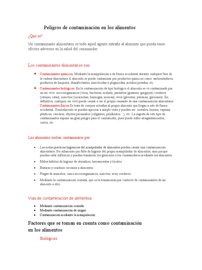 Peligros de Contaminación Alimentaria | PDF | Ciencia y matemáticas ...