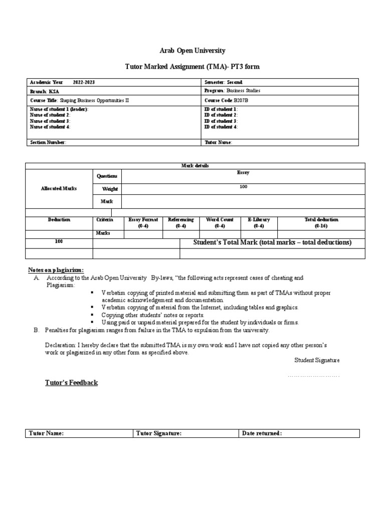 TMA PT3 Form for Business Studies 2022-23 | PDF