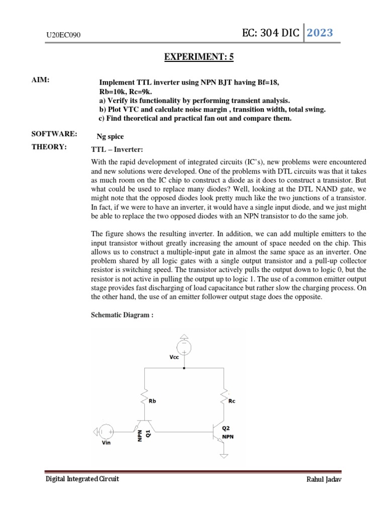 Analysis and Simulation of a TTL Inverter Circuit Verifying