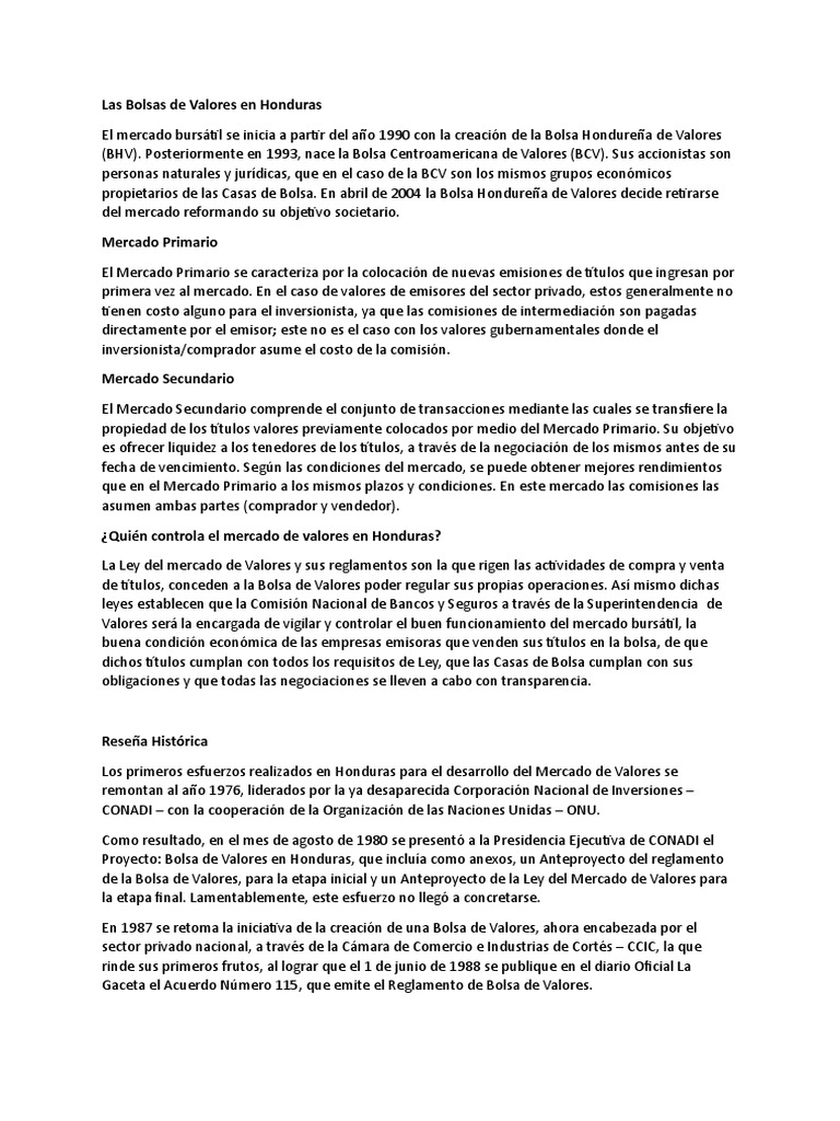 Historia de la Bolsa de Valores en Honduras | PDF | Derecho
