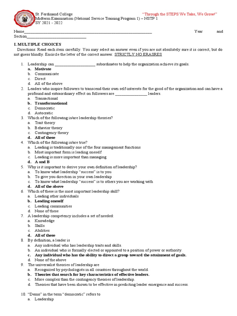 NSTP 1 Midterm Exam: Leadership Focus | PDF