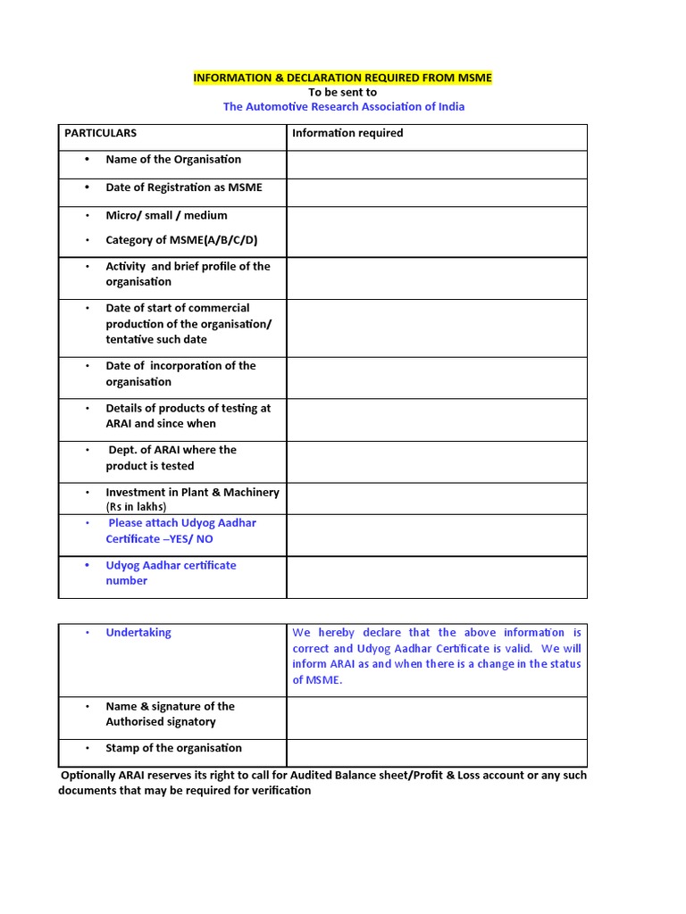 MSME Information Submission for ARAI | PDF