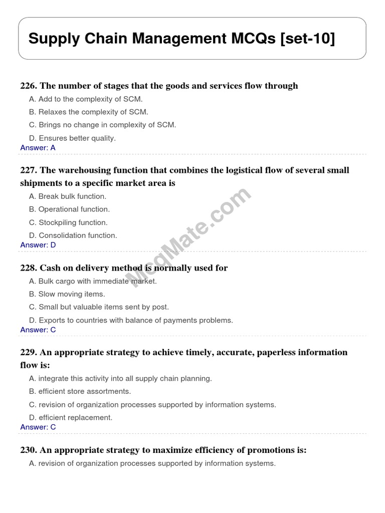 Supply Chain Management Solved Mcqs Set 10 Pdf Pdf