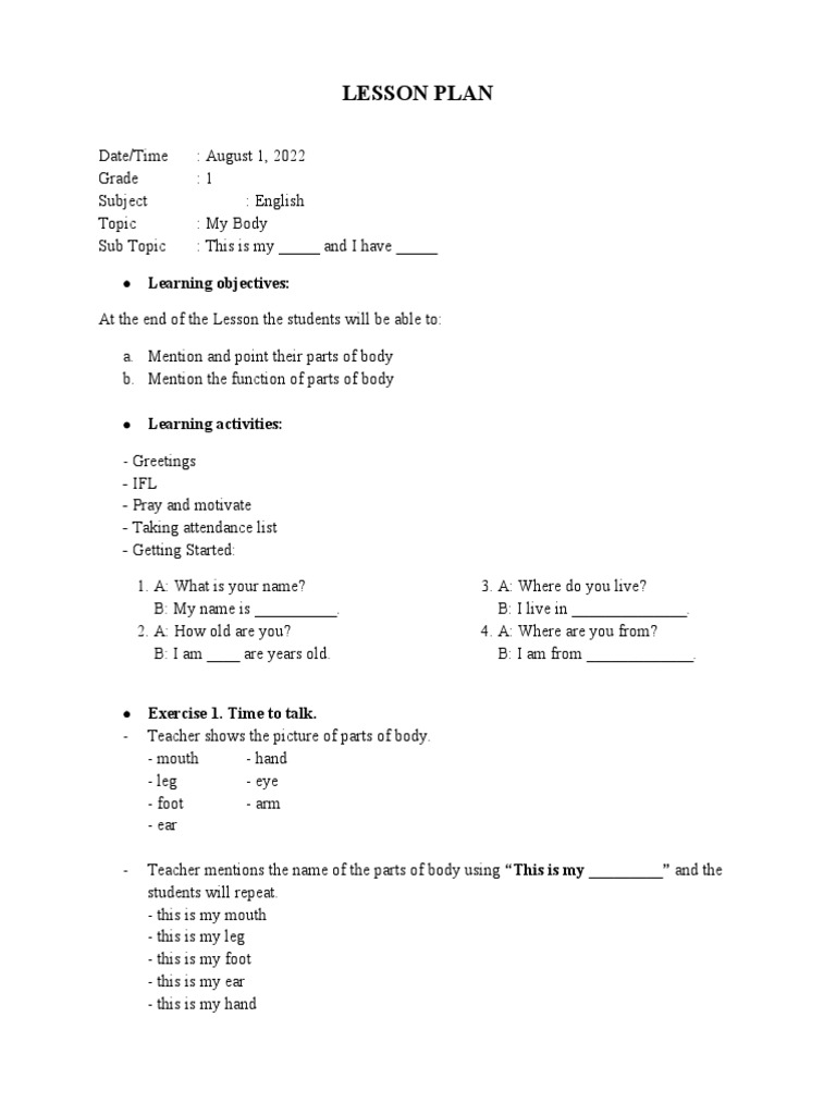 Grade 1 Lesson Plan: My Body | PDF | Lesson Plan | Cognitive Psychology