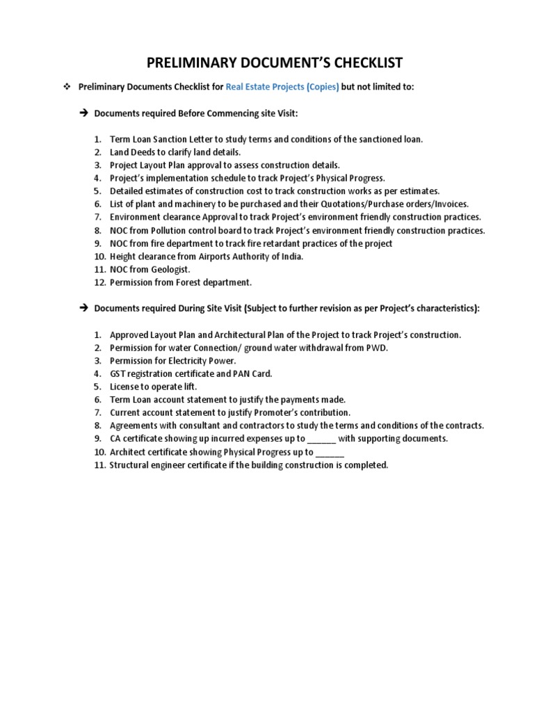 Preliminary Documents Checklist PDF | PDF