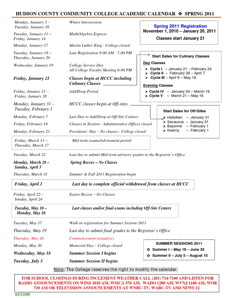 HCCC Spring 2011 Academic Calendar | PDF