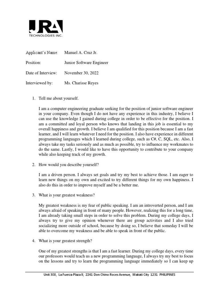 Junior Software Engineer Interview Insights | PDF | Career & Growth