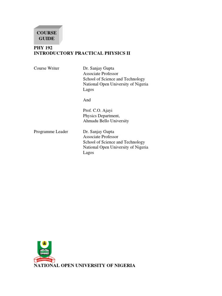 Phy 192 Introductory Practical Physics Ii PDF | PDF