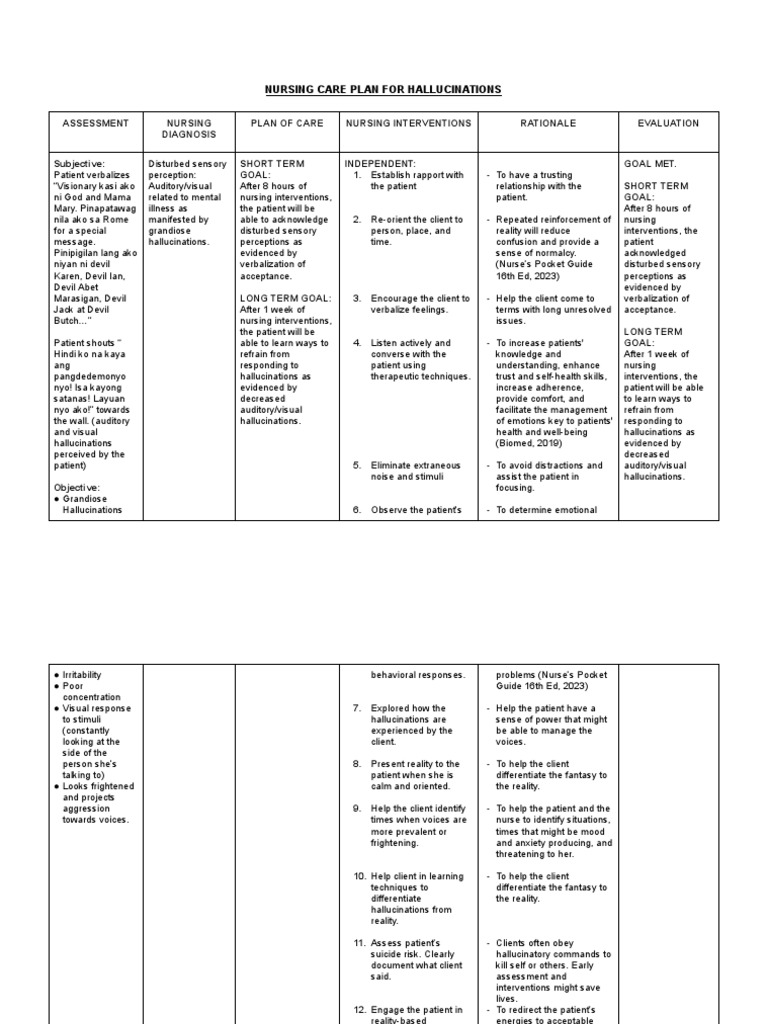 Nursing Care Plan for Hallucinations | PDF | Self-Improvement
