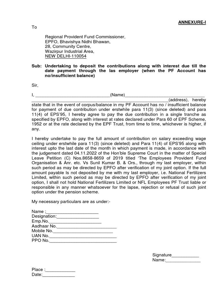 EPFO Contribution Undertaking Form | PDF | Finance & Money Management | Law