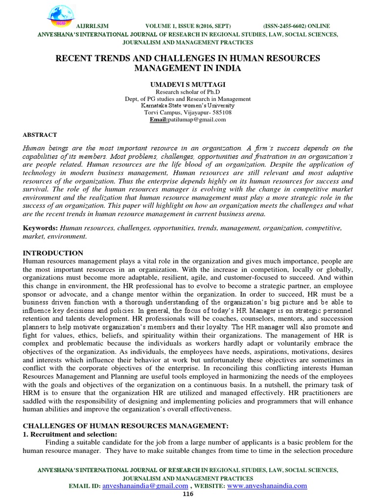 Recent Trends and Challenges in Human Resources Management in India PDF ...