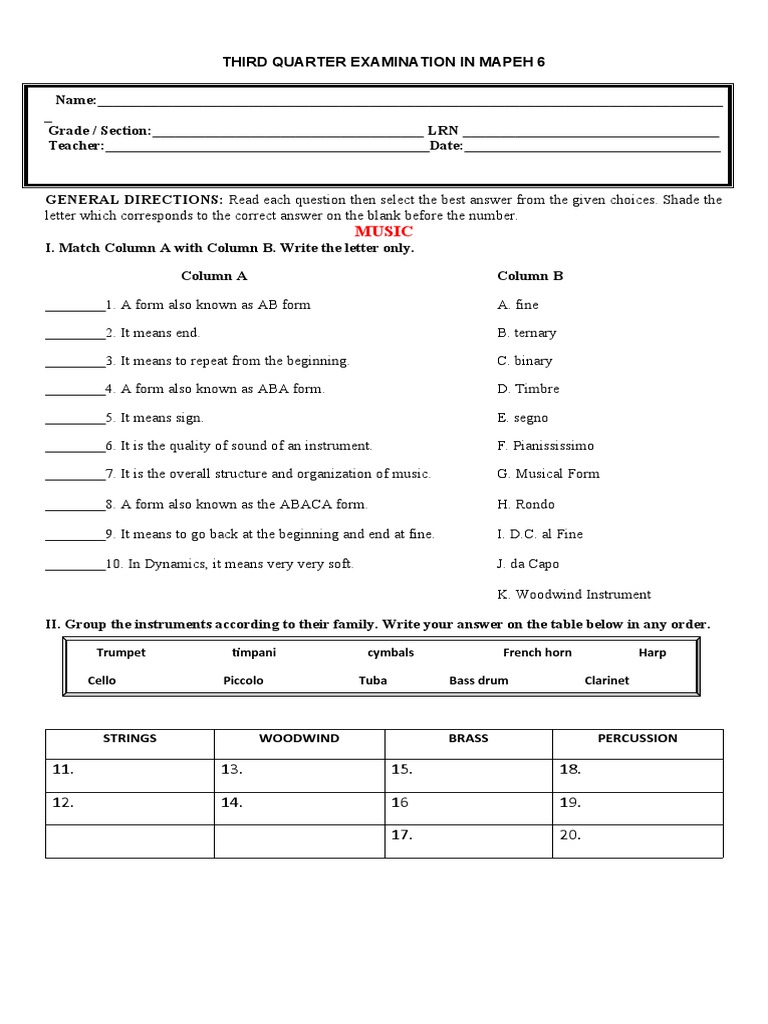 MAPEH 6 Third Quarter Exam Guide | PDF