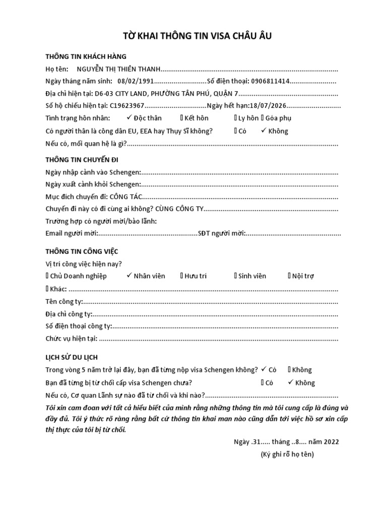 Form Khai Thông Tin Visa Châu Âu | PDF