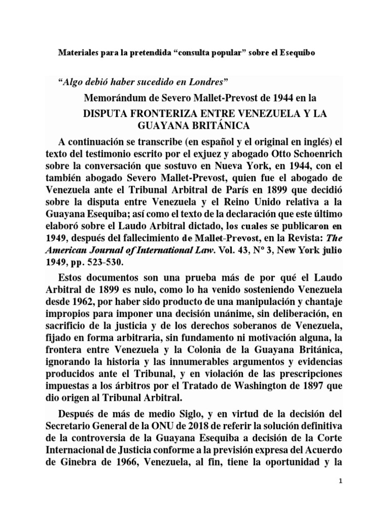 Memorandum MalletPrevost. Testimonio Otto Schoenrich.1944. Nulidad Laudo Arbitral 1899