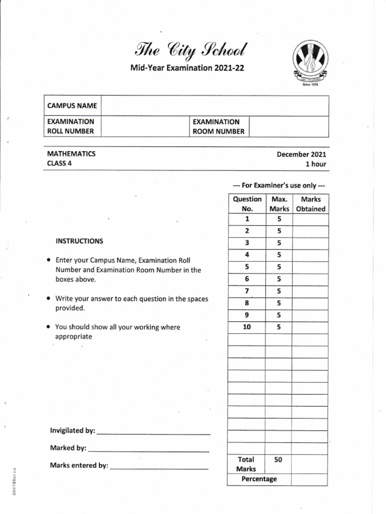 Class 4 Mathematics Exam 2021 | PDF