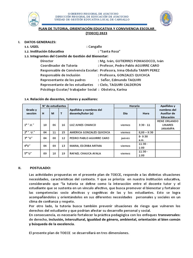 PLAN DE TOE Coordinador 2023 | PDF | Salud y bienestar