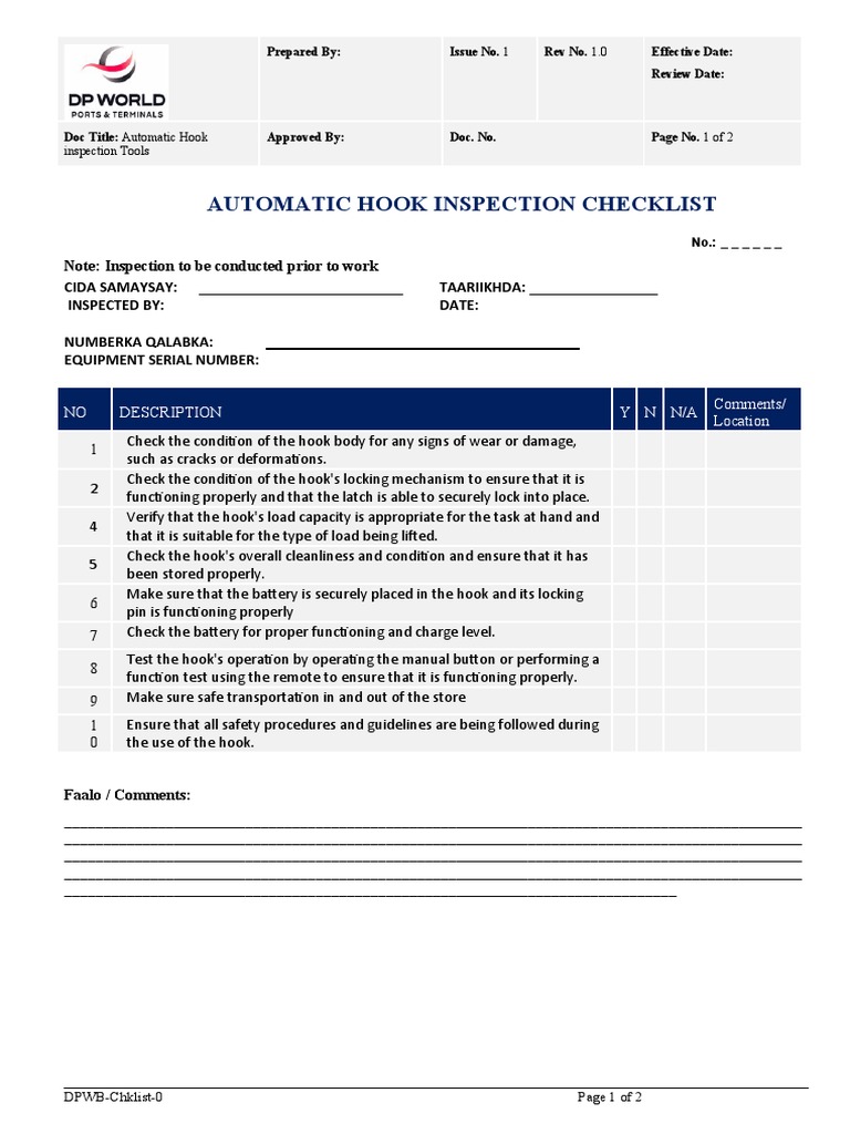 Automatic Hook Inspection Checklist PDF