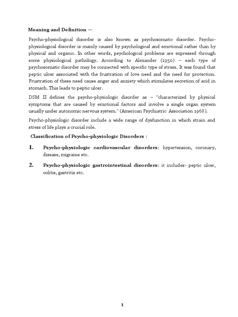 Psycho Physiological Disorders 1 PDF Mental Disorder Psychotherapy