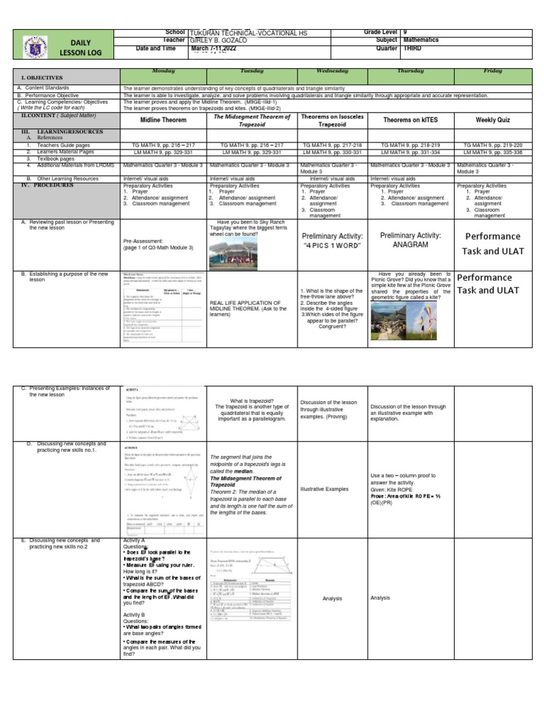 Grade 9 Math Lesson Plan: Quadrilaterals | PDF