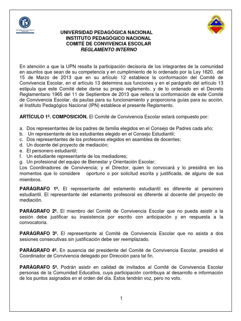 Reglamento Interno Comité Escolar de Convivencia Aprobado | PDF ...