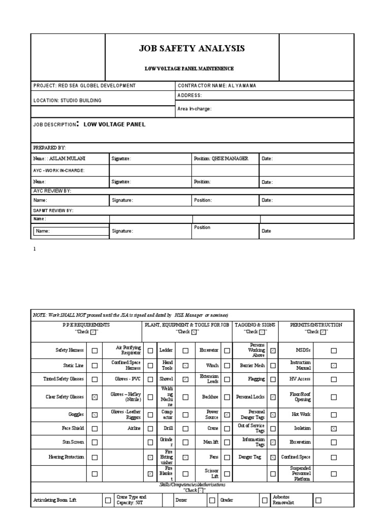 JSA for Low Voltage Panel Maintenance | PDF