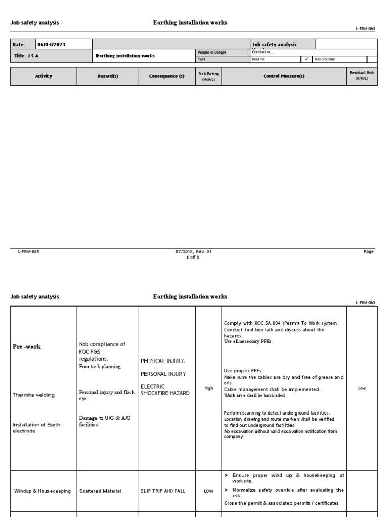 JSA for Earthing Installation Work | PDF