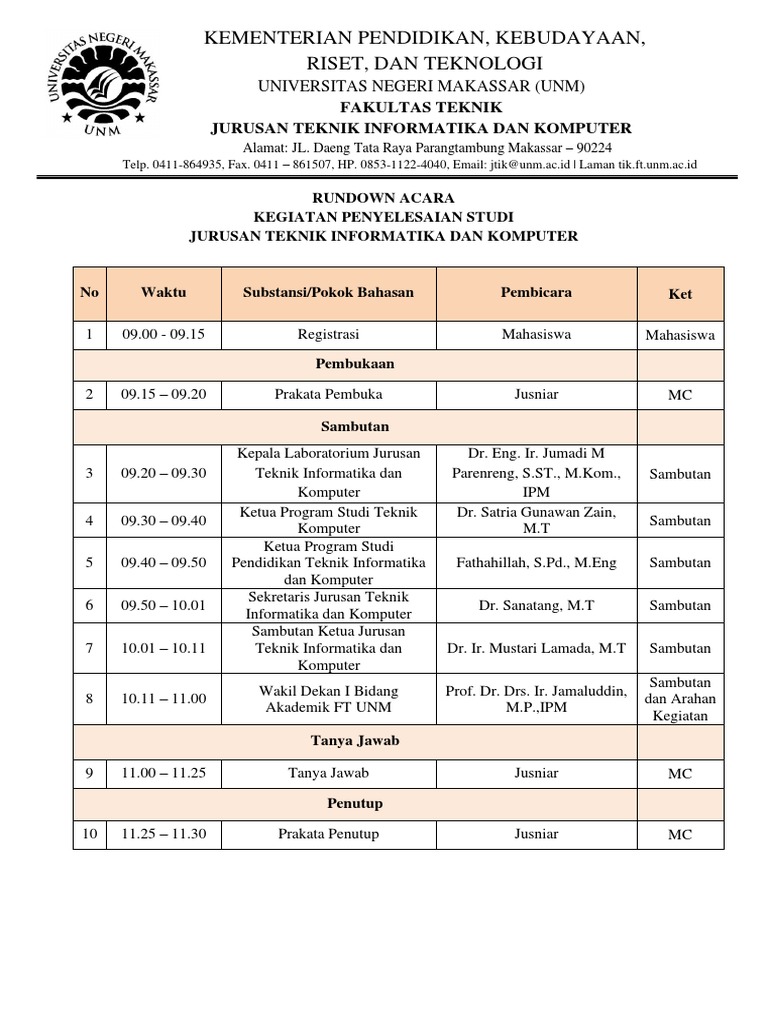Rundown Acara Kegiatan Penyelesaian Studi PDF | PDF