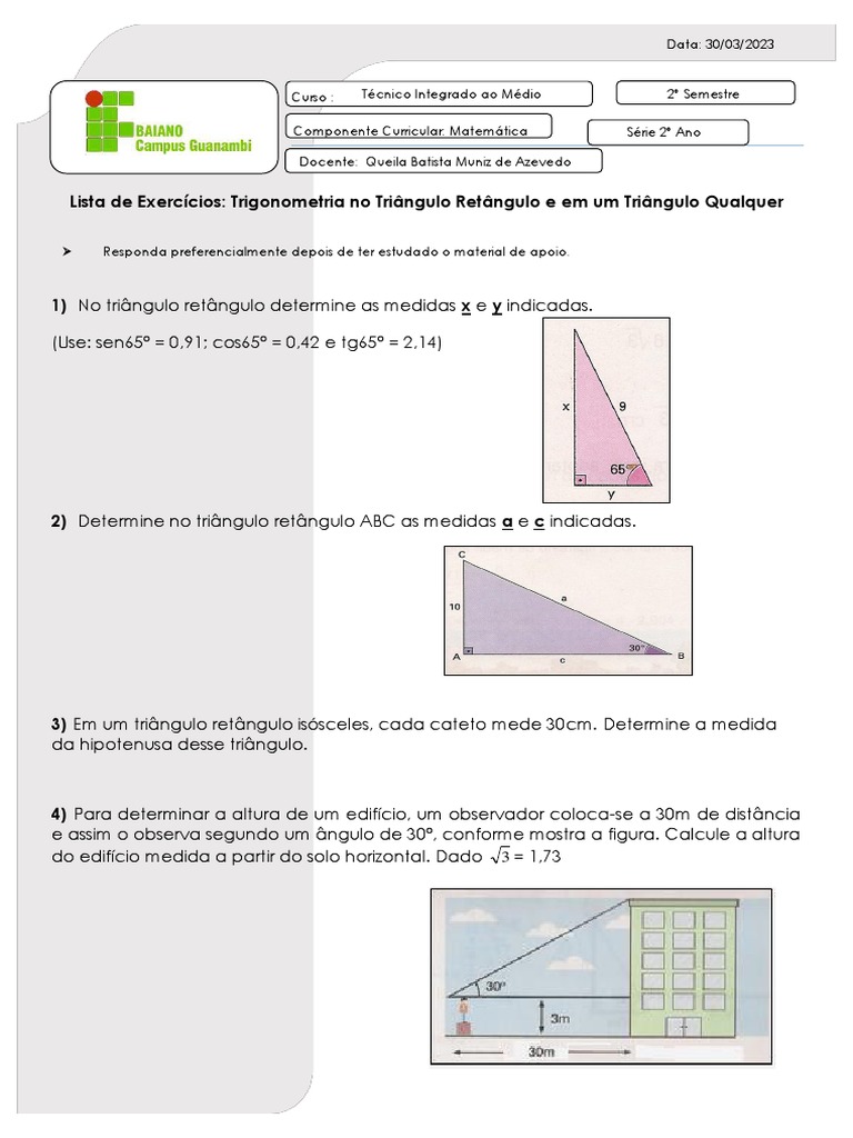 Exercícios de Trigonometria no Triângulo Retângulo | PDF | Triângulo ...