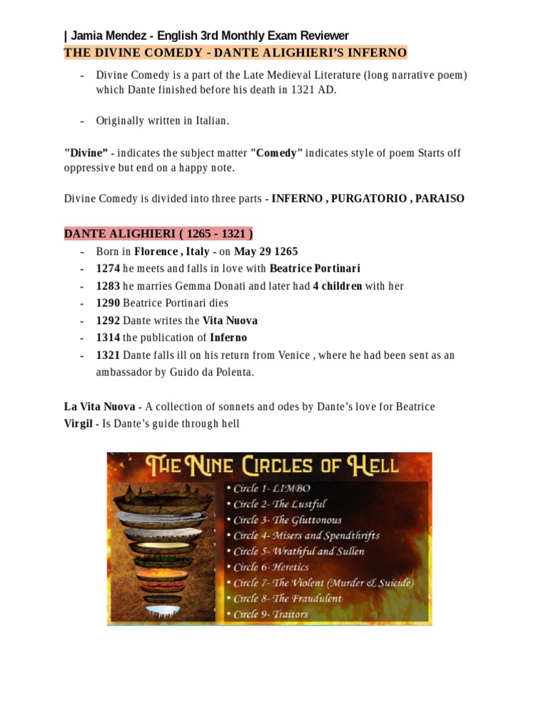 Dante's Inferno Exam Review | PDF | Divine Comedy | Dante Alighieri