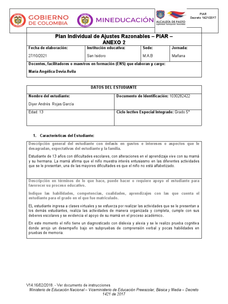 Ejemplo de Plan Individual de Ajustes Razonables | PDF | Aprendizaje ...