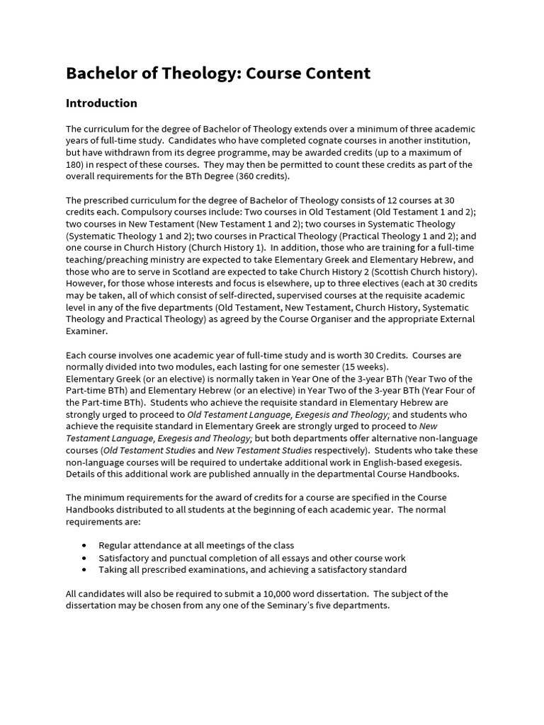 Bachelor of Theology Course Overview | PDF