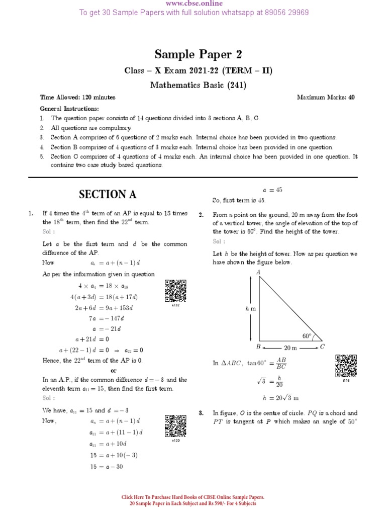 CBSE Class X Maths Sample Paper Solutions | PDF | Circle | Sphere
