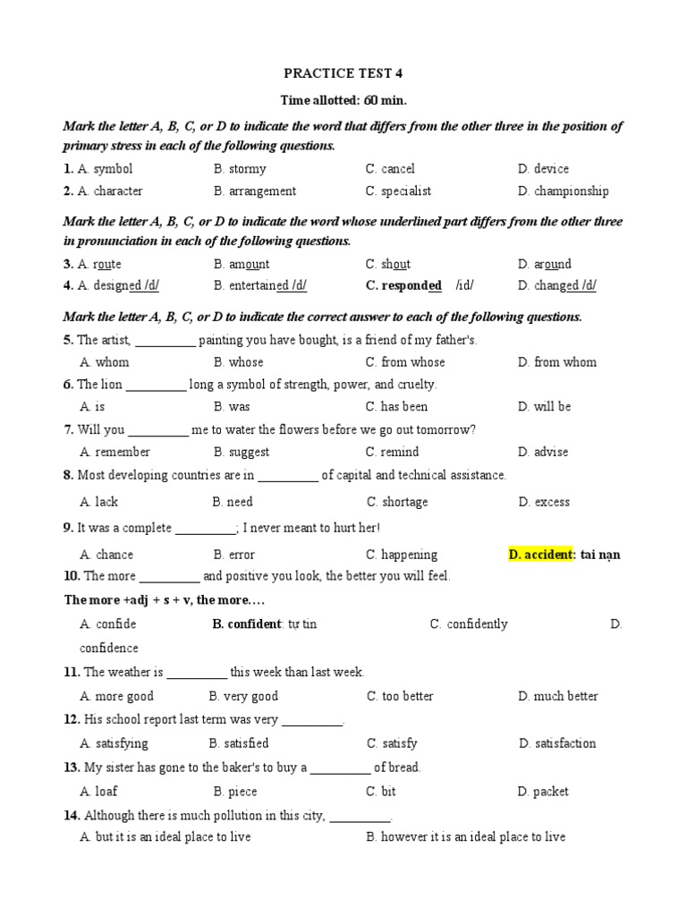 Vocabulary and Grammar Practice Test | PDF