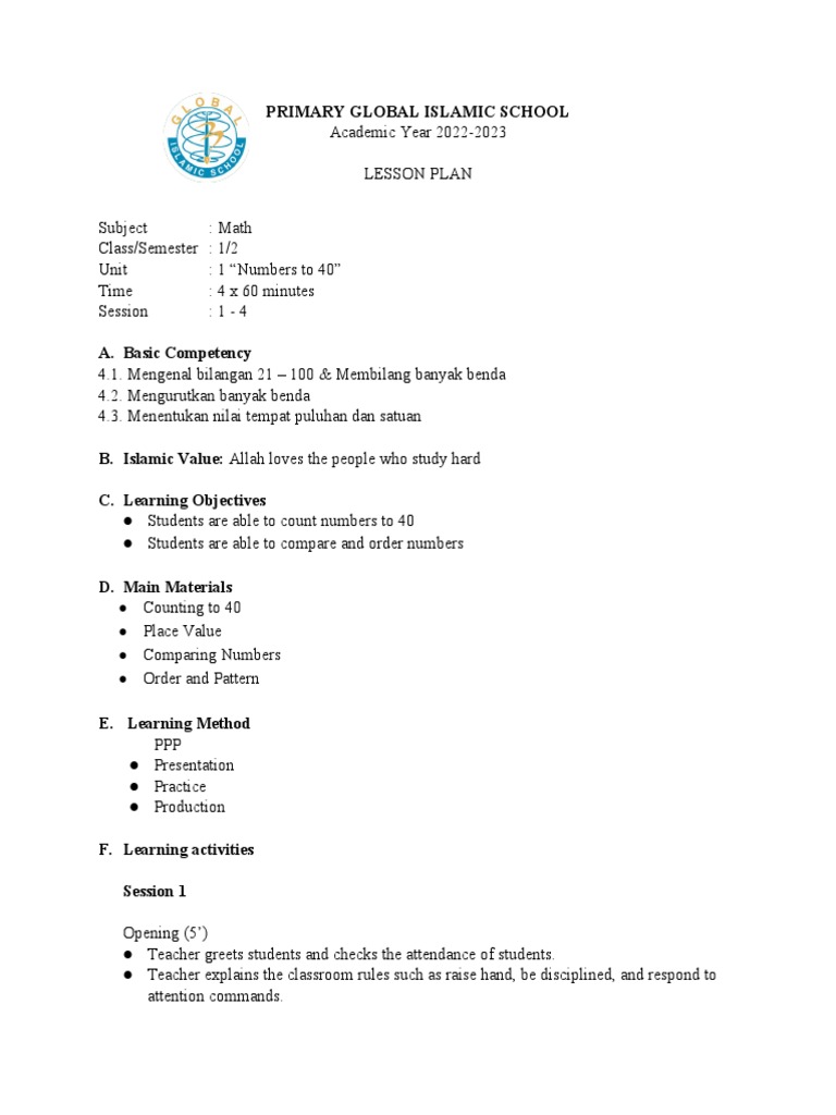 Lesson Plan Math Unit 1 Grade 1 | PDF