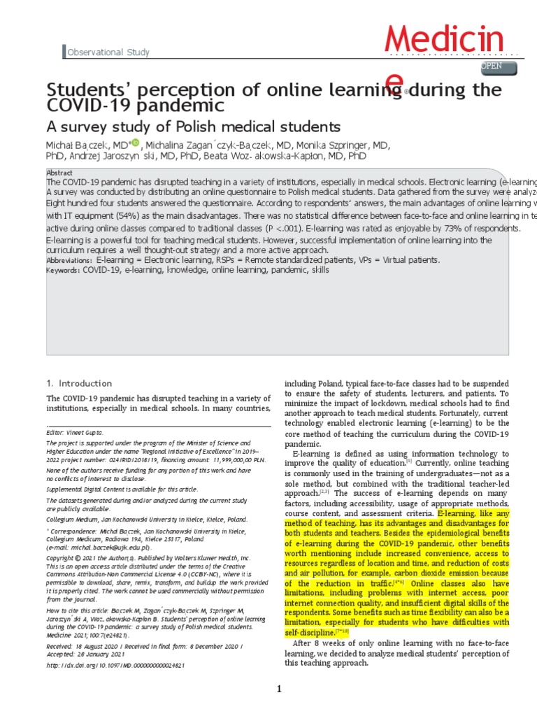 Baczek Et Al (2021) - Students' Perception of Online Learning | PDF
