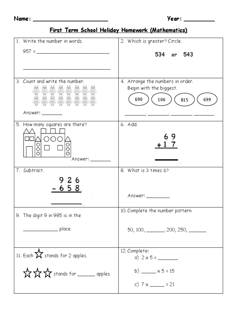 1st Term Holiday Homework Maths PDF