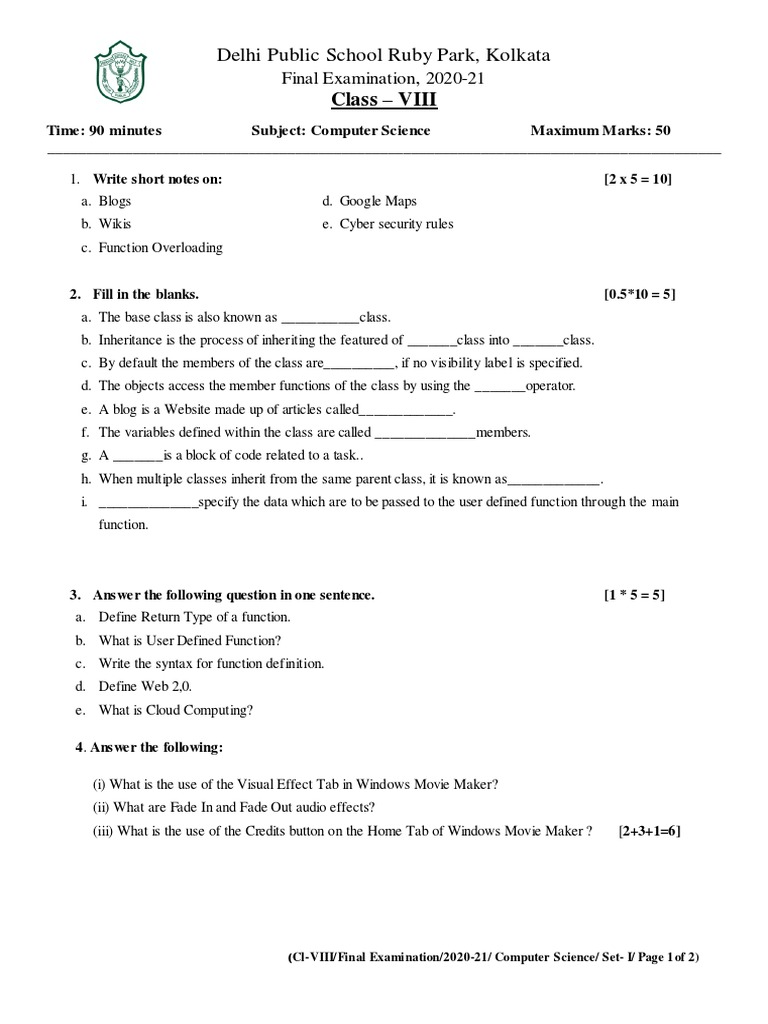 Class 8 Computer Science Exam 2020-21 | PDF | Class (Computer ...