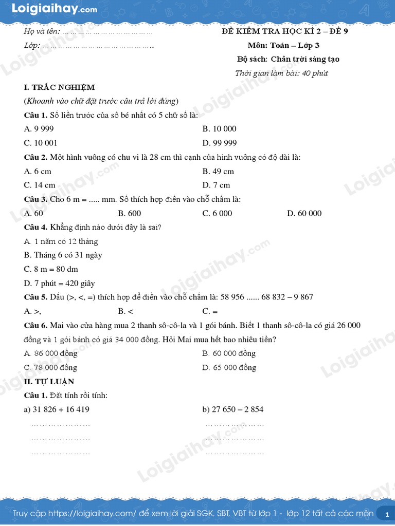 De Kiem Tra Hoc Ki 2 Toan 3 Chan Troi Sang Tao de So 9 1680575704 PDF | PDF