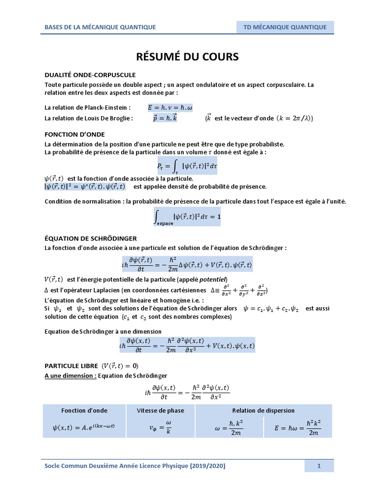 Bases de la Mécanique Quantique | PDF | Équation de Schrödinger ...