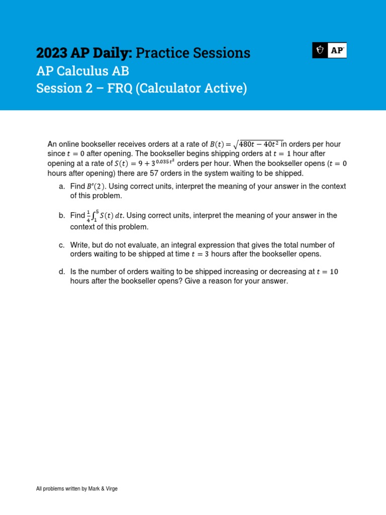 Session 2 Calculus AB 2023 AP Daily Practice Sessions PDF