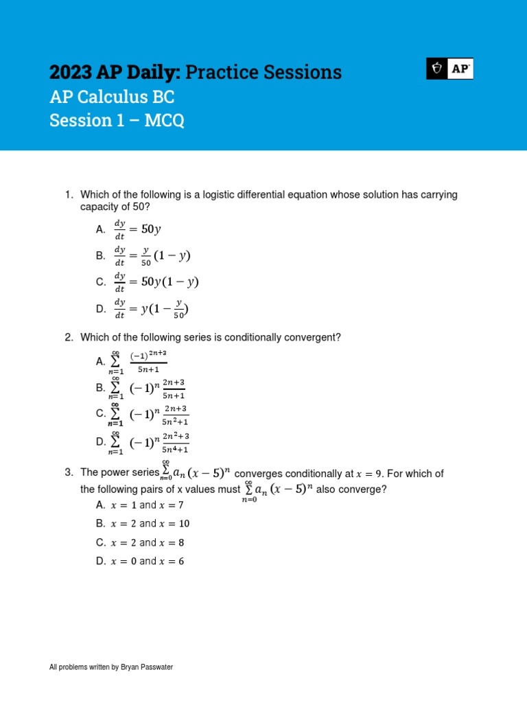 Session 1 Calculus BC 2023 AP Daily Practice Sessions PDF Infinity
