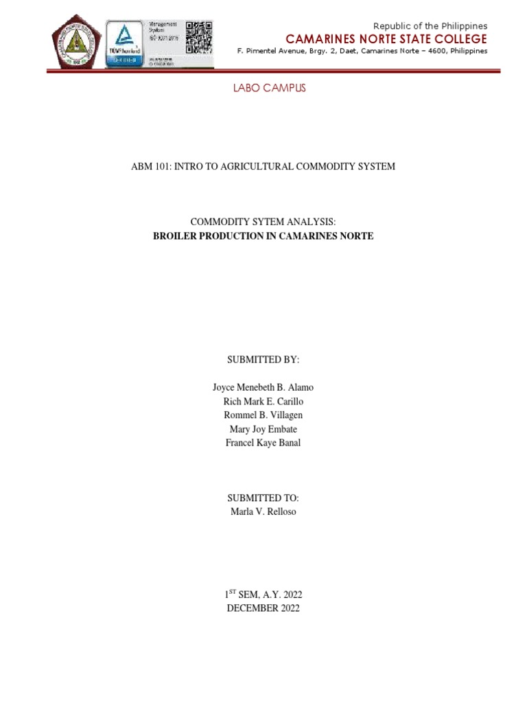 A Commodity Analysis of Broiler Meat Production in Talisay, Camarines
