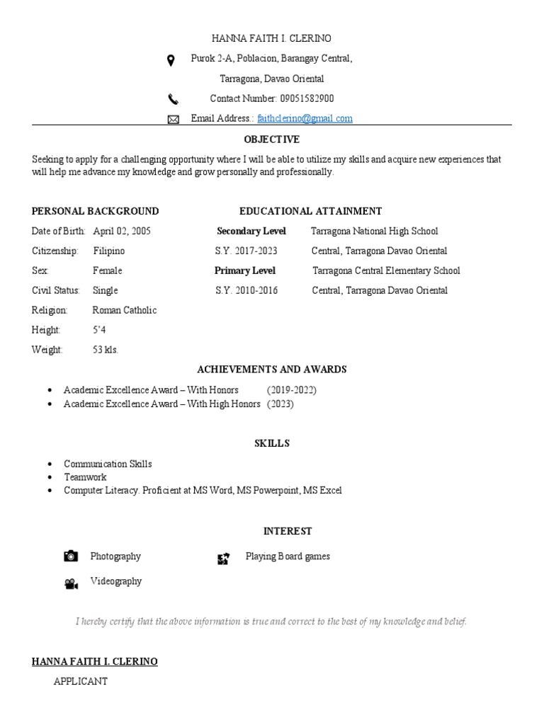 Grade 12 Work Immersion Resume Sample | PDF