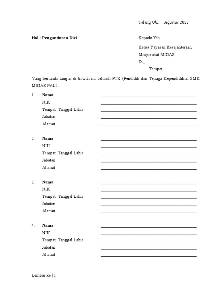 Format Surat Pengunduran Diri | PDF