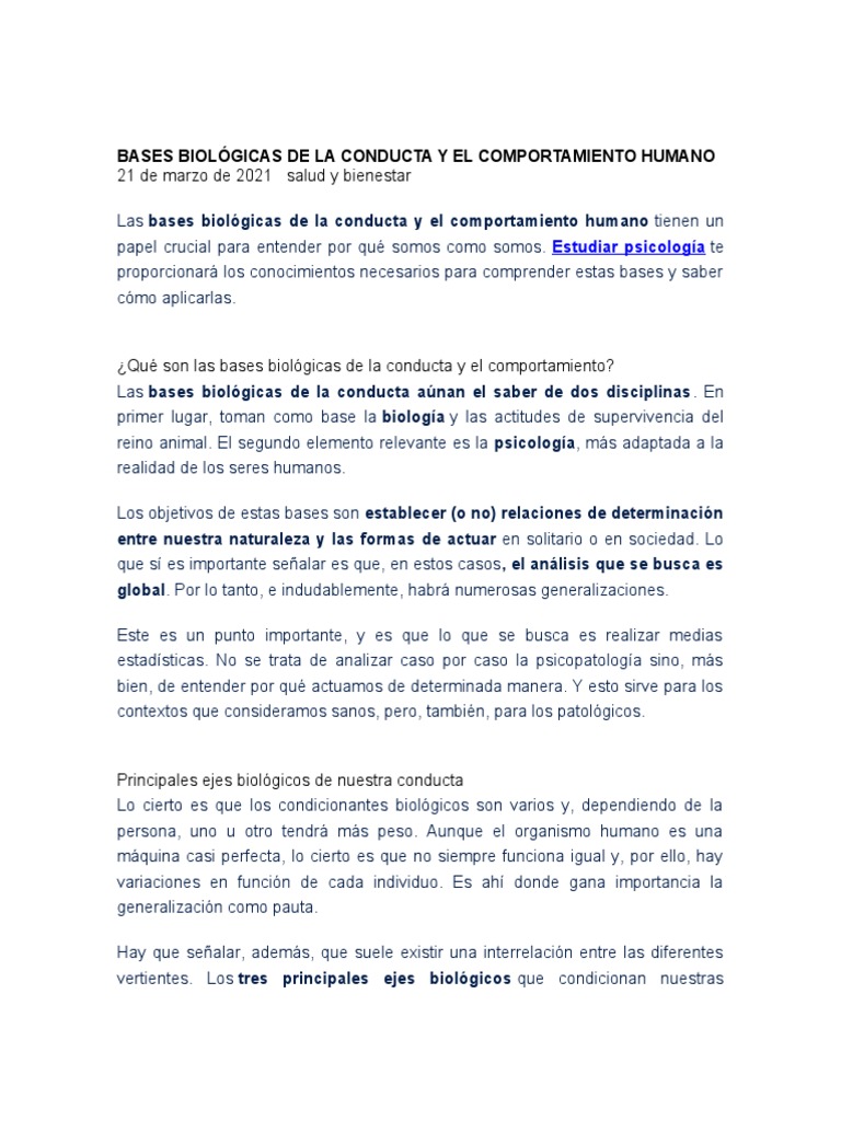 Bases Biológicas de La Conducta y El Comportamiento Humano | PDF